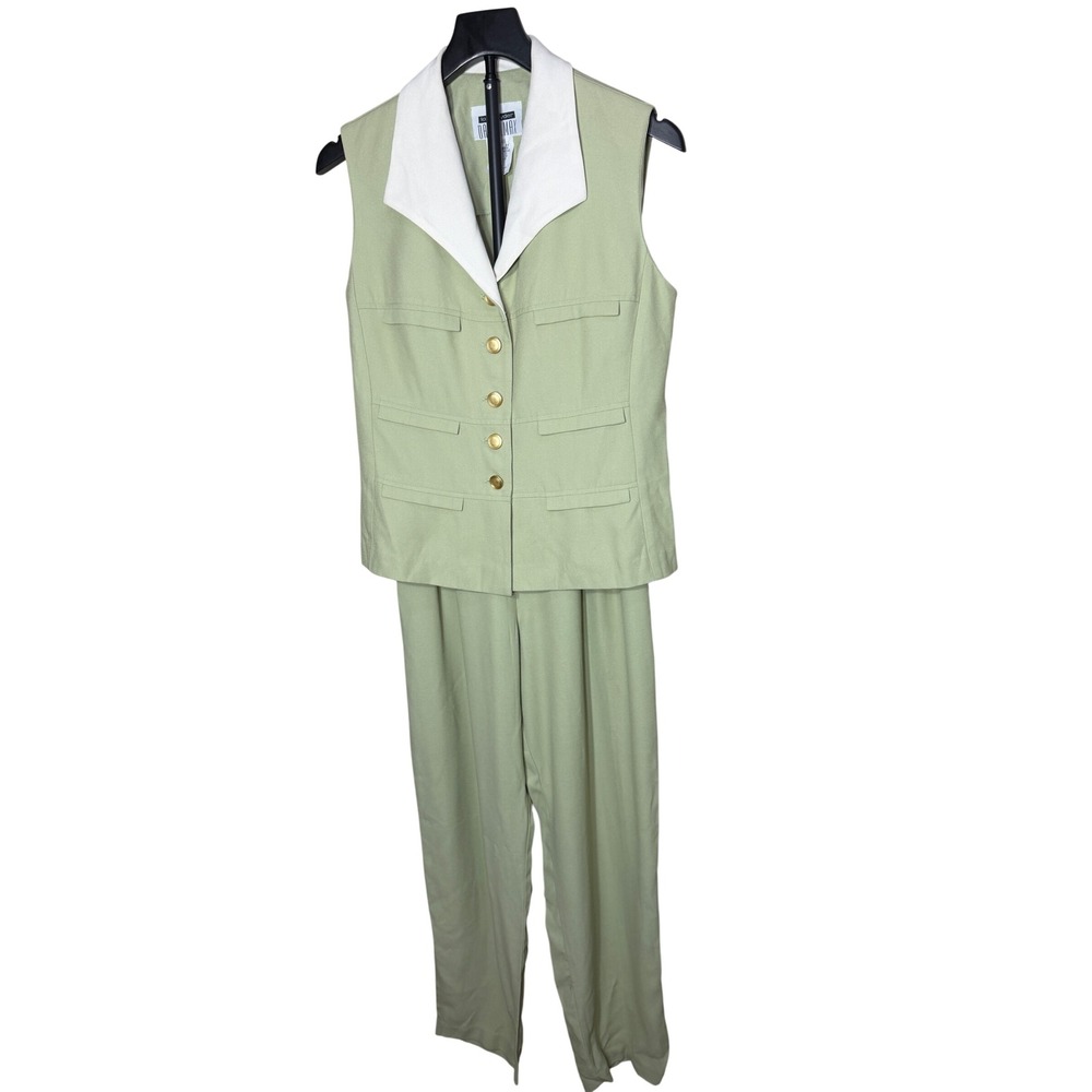 Lois Snyder Dani Max Vintage 2pc Vest Pant Suit Sage Green Gold Buttons Size 8